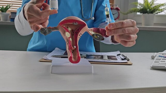 Injection into a medical model of the female reproductive system. Concept of intimate plastic surgery and plasma lifting. Hyaluronic acid i, G-spot enlargement and papilloma vaccination