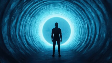 A solitary man stands at the end of a glowing tunnel, surrounded by a surreal blue light, creating a sense of mystery and intrigue.