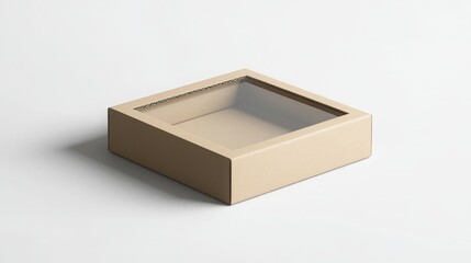 Cardboard box mockup with a transparent window for showcasing designs, minimal style. 