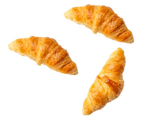 Top view set of three brown or golden croissants isolated on white background with clipping path