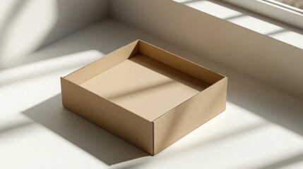 Cardboard box mockup with a transparent window for showcasing designs, minimal style. 