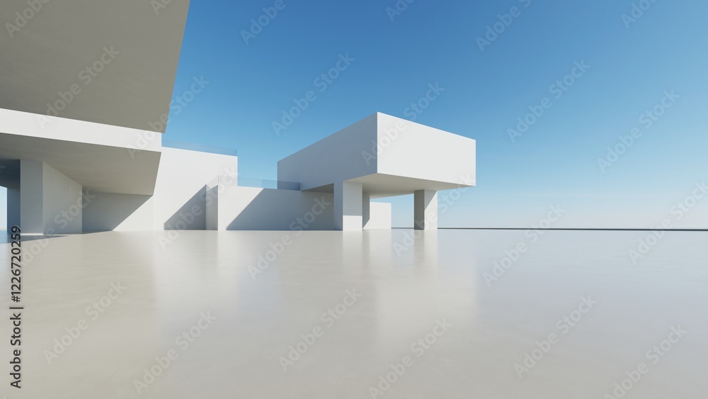 Poster 3d render of abstract modern architecture with empty cement floor, minimal exterior, car presentatio