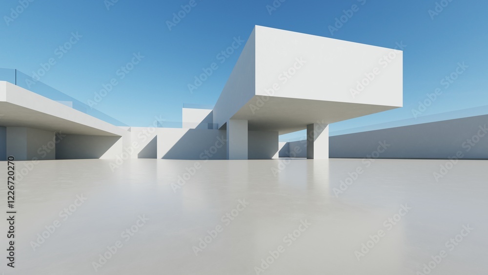 Poster 3d render of abstract modern architecture with empty cement floor, minimal exterior, car presentatio