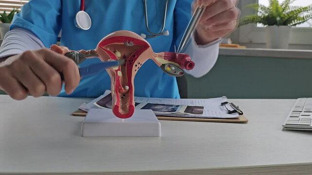 Gynecological surgery for women concept photo. Gynecologist surgeon holds model of uterus with ovaries in hand and scalpel