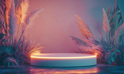Illuminated podium, plants, neon backdrop, product display
