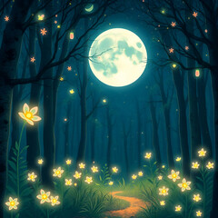 Dreamy Moonlit Jungle Pathway Sparkling with Golden Butterflies, Vibrant Flowers, and a Magical Twilight Aura with natural background ai.
