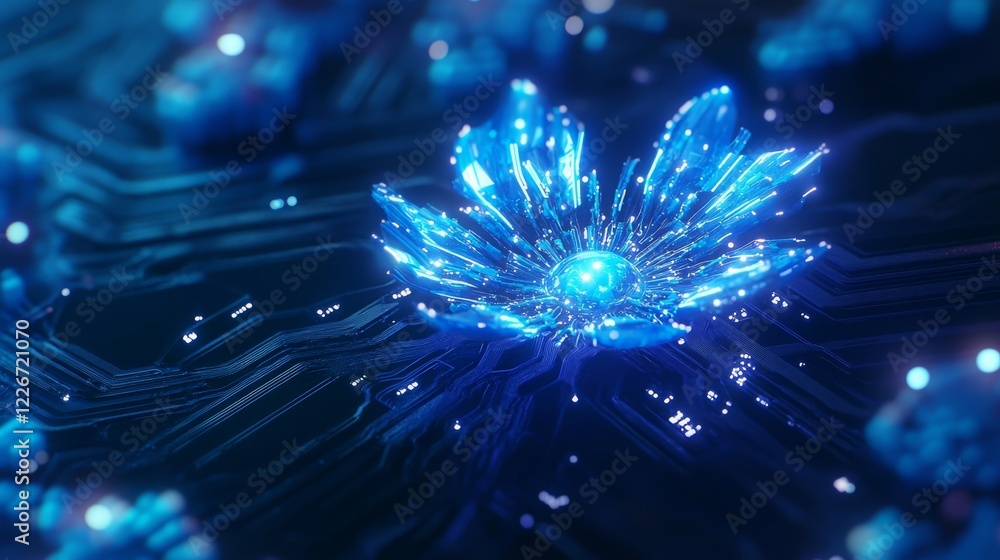 Poster circuit board design featuring a glowing ai brain, sleek blue tech visualization.