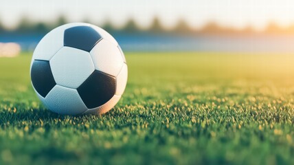 A close-up of a classic black and white soccer ball resting on a sunlit grassy field, emphasizing the essence of outdoor sports.