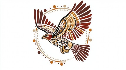 Obraz premium Decorative illustration of a soaring hawk with intricate patterns and warm colors in a round design
