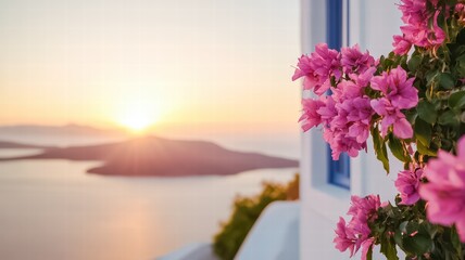 A vibrant sunset illuminates a serene landscape, featuring blooming pink flowers against a backdrop of tranquil waters and rolling hills.