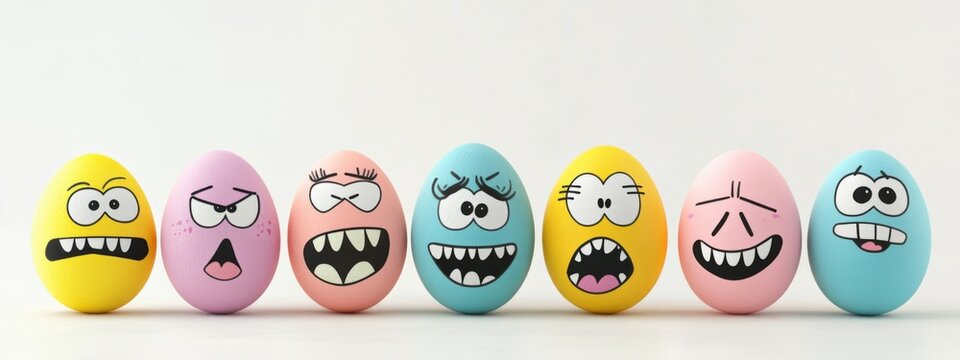 happy easter celebration holidays banner greeting card - easter eggs with funny cartoon faces, isolated on white table background