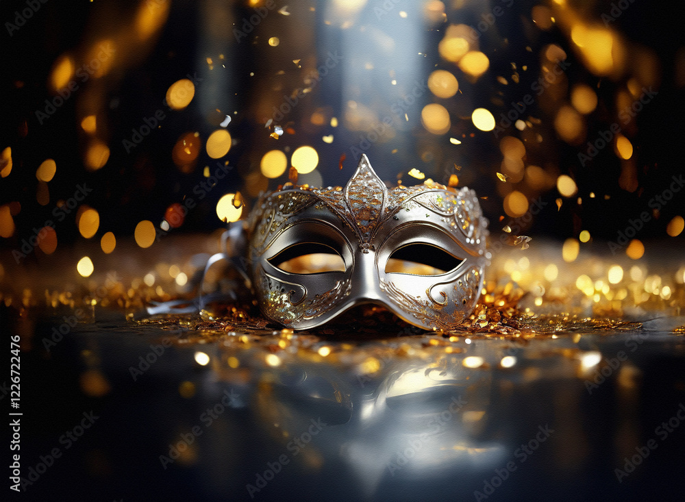 Poster elegant silver masquerade mask rests on golden glitter, bathed in warm light. sparkling bokeh create