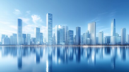Fototapeta premium City skyline reflects on calm waters under a clear blue sky with modern architecture and futuristic buildings