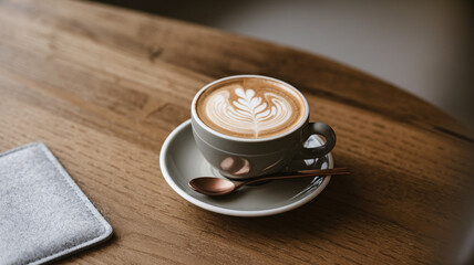 Realistic photograph of a cappuccino cup with leaf latte art on a wooden table, featuring a light gray coaster, off-white saucer, and rose-gold spoon. Elegant coffee 