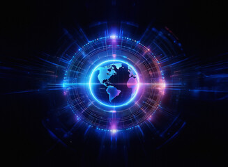 A glowing digital Earth encircled by a vibrant, futuristic HUD.  Intricate circuitry and bright energy pulses emanate from the core, suggesting global connectivity and technological advancement.