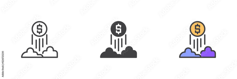 Poster dollar coin flying up in the sky different style icon set