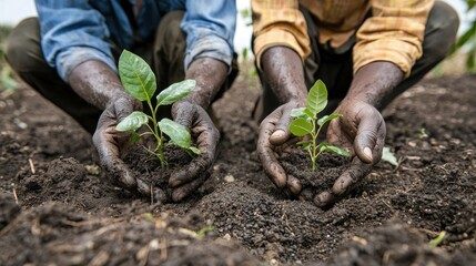Two Hands Planting Seedlings in Fertile Soil on a Farm