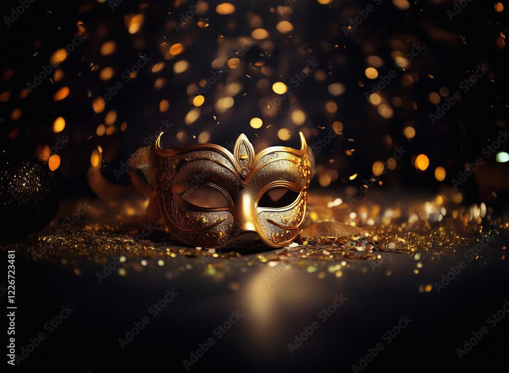 Aufkleber elegant gold masquerade mask rests on golden confetti against a dark background with sparkling bokeh