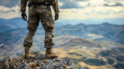 Soldier Standing on Mountain Peak Overlooking Scenic Landscape