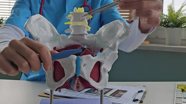 Gynecologist female pelvic bones and scalpel. Reconstructive plastic surgery of the pelvic floor and Surgical treatment  prolapse of the genitals and levatoroplasty