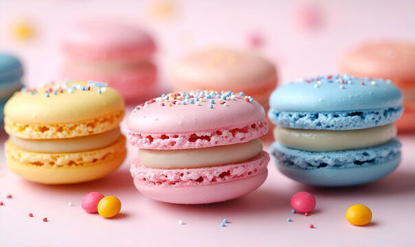 Pastel macarons pink background sprinkles dessert food photography