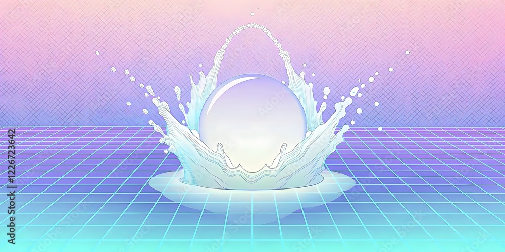 Poster dynamic splashing sphere against colorful background water texture