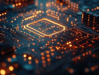 High-Tech Electronic Circuit Board with Illuminated Components