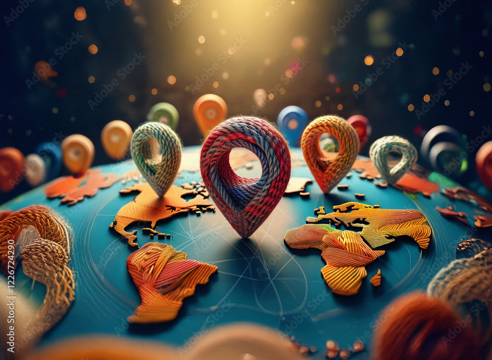 Poster a vibrant, stylized world map features numerous colorful location markers, suggesting global connect