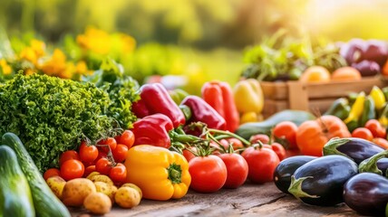 A vibrant display of fresh vegetables on a farm table, showcasing an array of colors and textures in a sunny outdoor setting.