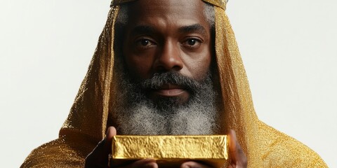 Regal Bearded Man Holding Gold Cube with Wisdom-Seeking Expression
