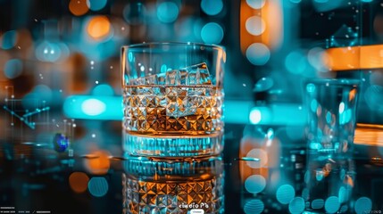 Inviting whiskey cocktail with ice in a cozy bar setting  captivating beverage photography