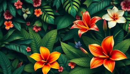 Lush Tropical Flowers and Vibrant Green Foliage