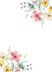 Greeting card template with watercolor flowers, floral border, wedding, birthday invitation hand drawing.
