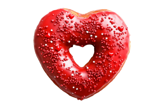 Heart shaped donut decorated with red glaze and sprinkles isolated on white transparent background. Symbol of love and Valentine's Day treats