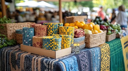 Fototapeta premium A vibrant marketplace featuring local artisans and farmers, promoting fair trade and sustainable practices within communities 