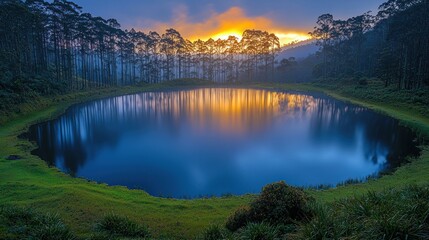 Lake reflecting sunrise, trees.