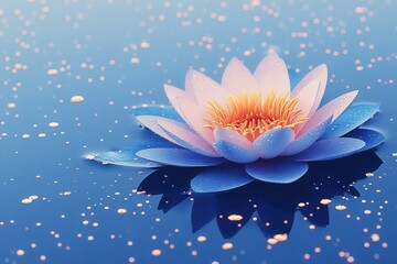 Pink and Blue Water Lily on Serene Blue Water with Golden Sparkles