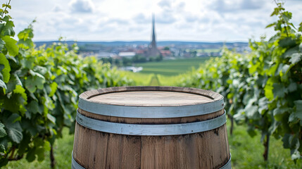 Fototapeta premium Wooden wine barrel in vineyard, countryside church in the background