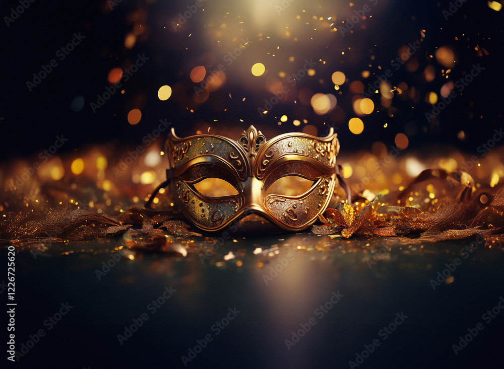 Poster a golden masquerade mask rests on a dark surface, surrounded by shimmering gold confetti and bokeh l