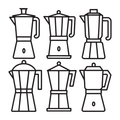 Fototapeta premium Set of blenders, coffee maker, mixer machine line art vector icon illustration on white background.
