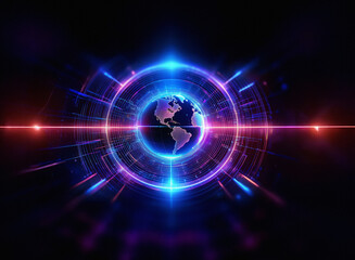 A glowing orb, reminiscent of Earth, encased within a vibrant, technological frame.  Surrounding it are streaks of light, suggesting energy and connectivity.  The scene is dark, highlighting the lumin