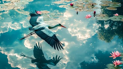 Majestic crane soaring above tranquil water lilies reflecting a stunning sky at dusk