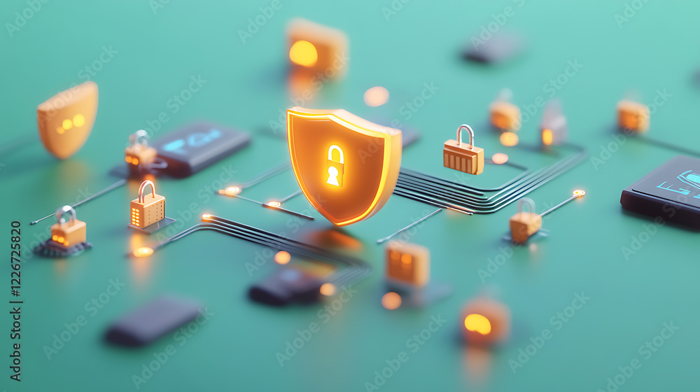 Poster enhancing cybersecurity measures with innovative lock symbols digital space graphic design tech envi
