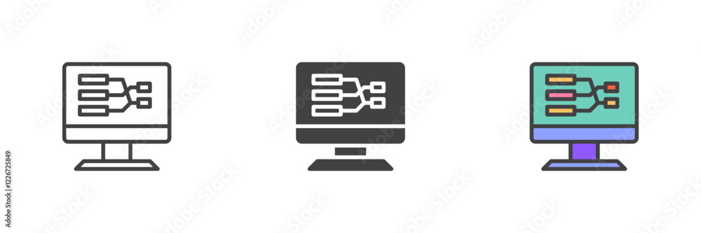 Poster computer screen with flow chart different style icon set