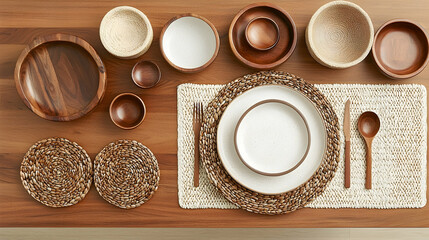 Wooden bowls, plates, and cutlery on table setting, minimalist background, overhead shot for food blog or website
