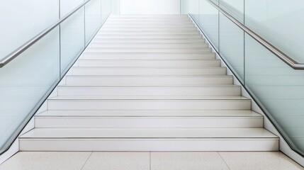 Obraz premium Trust confidence and transparency, A minimalist staircase leads upward, flanked by glass railings, bathed in soft light, creating a serene and modern atmosphere.
