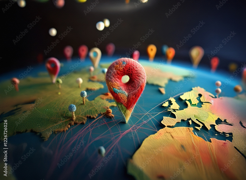 Poster a vibrant, stylized earth with colorful location markers; a central pin highlights a specific place,