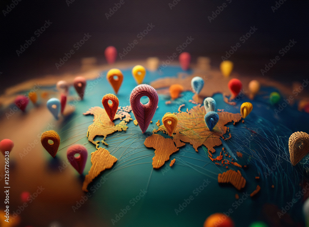 Poster a miniature world map is dotted with colorful location pins, symbolizing global connectivity and tra