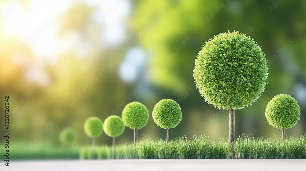 Poster a row of topiary trees with round green crowns lined up in a garden or park setting
