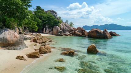 Obraz premium Secluded tropical beach with rocks, clear water and a blue sky in the background